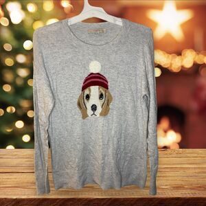 Loft Dog in Hat Wool Blend Grey Long Sleeve Pullover Sweater S Beagle Christmas